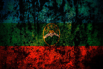 Russia, Russian, Karachay Cherkessia flag on grunge metal background texture with scratches and cracks