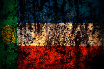 Russia, Russian, Khakassia flag on grunge metal background texture with scratches and cracks