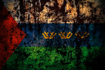Russia, Russian, Tyumen Oblast flag on grunge metal background texture with scratches and cracks