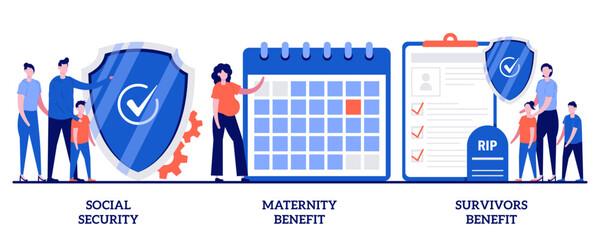 Social security, maternity and survivors benefit concept with tiny people. State allowance vector illustration set. Retirement insurance, parental support, death certificate, financial help metaphor