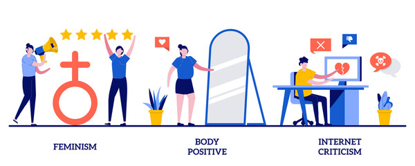 Feminism, body positive, internet criticism concept with tiny people. Social activism abstract vector illustration set. Girl power, gender equality, plus size brand promotion, troll message metaphor - obrazy, fototapety, plakaty