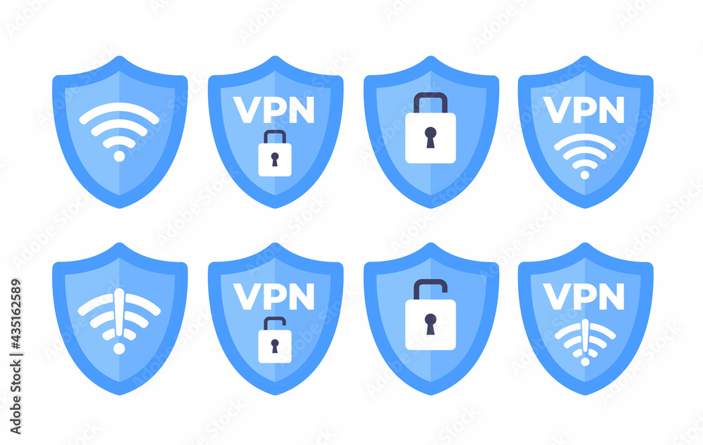Wall mural wireless shield vpn wifi icon sign flat design vector illustration set. wifi internet signal symbols