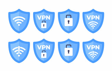 Wireless shield VPN wifi icon sign flat design vector illustration set. Wifi internet signal symbols in the security shield isolated on white background.