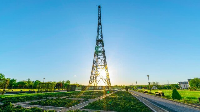 Wooden radio tower at sunset in Gliwice city, Silesia, Poland