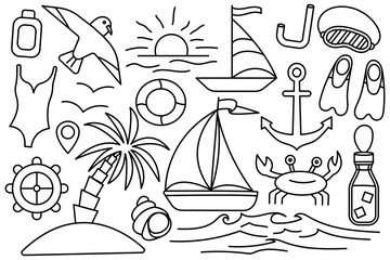 Summer vacation at the sea. Beach stuff. Collection of things for the vacation. Vector line icon. Editable stroke. Doodle style.