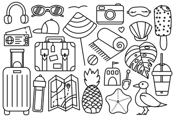 Summer vacation at the sea. Beach stuff. Collection of things for the vacation. Vector line icon. Editable stroke. Doodle style.