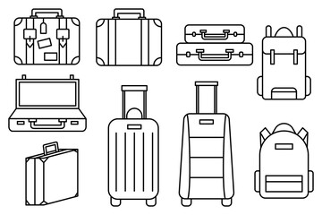 Luggage icons set and collection. Backpack, handbag, suitcase, briefcase, messenger bag, trolley, travel bag. thin line icons. Editable stroke icon. Vector illustration.