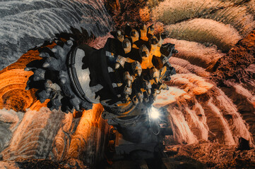 The drill head of a mine roadheader close-up. The drill is equipped with many strong steel teeth