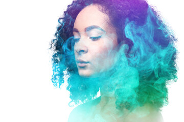 Fototapeta premium Beautiful African-American woman and her energy field on white background