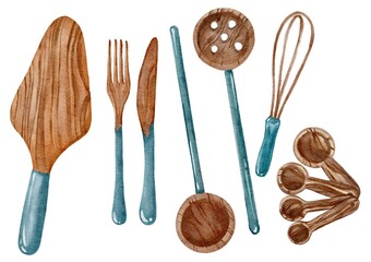 Hand drawing watercolor wooden acrylic set of hand made kitchen tools. use for shop, market, poster, card, banner, print, design, advertising 