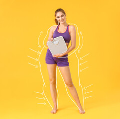 Beautiful young woman with measuring scales after weight loss on color background