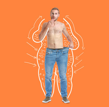 Surprised Young Man After Weight Loss On Color Background