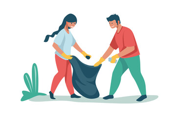 People sorting and recycling waste. Volunteers collecting rubbish outdoor. Man and woman putting garbage in bag. Characters take care of nature. Vector activists clean parks from litter