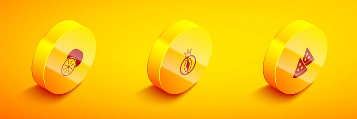 Set Isometric Kiwi fruit, Tomato and Watermelon icon. Vector