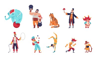 Circus characters. Cartoon clowns. Juggler throws balls. Acrobat and magician shows tricks. Animal trainer with elephant and tiger or funny monkey. Vector cirque performance actors set © SpicyTruffel