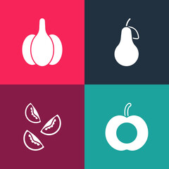 Set pop art Peach fruit, Tomato, Pear and Garlic icon. Vector