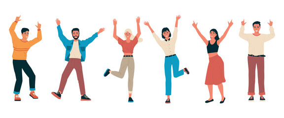 Cheerful people. Group of happy friends standing together with raised hands. Cartoon men and women feel positive emotions. Characters dance or jump. Vector persons celebrate victory