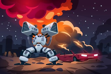 Cartoon game war. Alien robots battle. Landscape with burning car and armored machines in combat. Innovation drone or exoskeleton. Fighting cyborg. Vector futuristic super hero scene