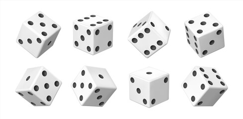 Realistic 3D dice. White casino and betting element. View from different sides on white cube with black dots. Tossed craps set. Vector table games equipment with points combinations