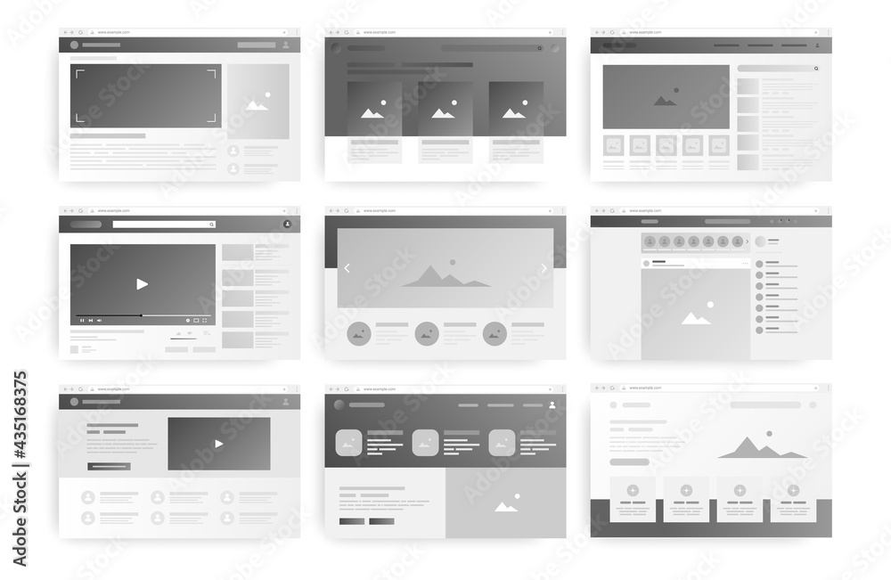 Poster Web page layout. Website wireframe windows. Monochrome interfaces with blank frames. Social media network UI templates. Dashboard structures. Vector internet service prototypes set