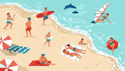 People on summer beach. Men and women rest on seashore. Happy persons sunbathing or surfing. Boys play with ball. Girl builds sand castle. Outdoor activities at sea. Vector illustration © SpicyTruffel