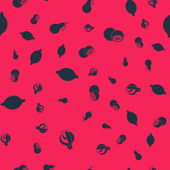 Set Onion, Pear, Lemon and Orange fruit on seamless pattern. Vector