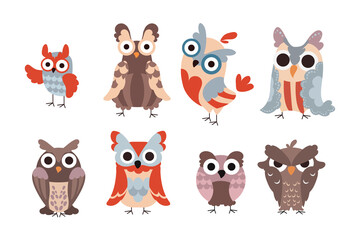 Cartoon owls. Wild animal characters with funny eyes and feathers. Isolated birds childish graphic. Wisdom symbol. Winged creatures with different expressions. Vector flying fauna set