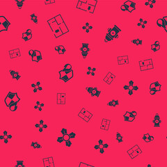 Set Firefighter, Evacuation plan, protection shield and hydrant on seamless pattern. Vector