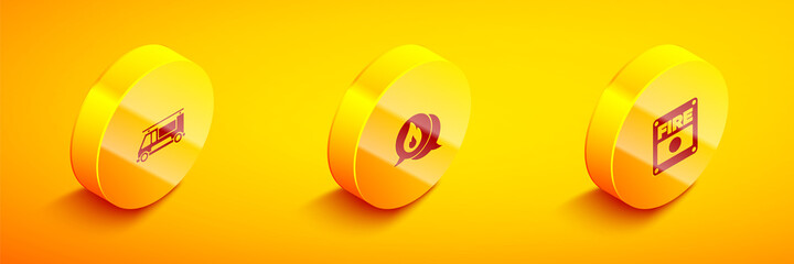 Set Isometric Fire truck, Telephone call 911 and alarm system icon. Vector