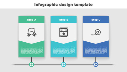 Set Gas mask, Fire alarm system and hose reel. Business infographic template. Vector