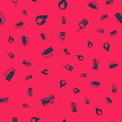 Set Fire truck, flame, extinguisher and Walkie talkie on seamless pattern. Vector