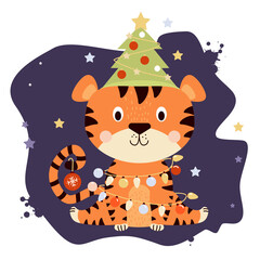 Cute tiger cub with a Christmas tree, toys and garlands. Sits on a purple background with stars. Year of the Tiger in Chinese or oriental. Vector illustration for postcards, cards, design and print