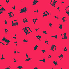 Set Firefighter axe, gloves, hose reel and Hand holding fire on seamless pattern. Vector