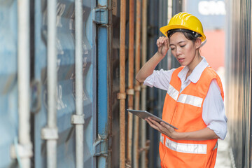 Tired female engineer inspects the container in the container yard. 