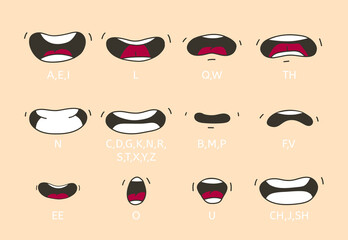 Cartoon talking mouth and lips expressions. Talking mouths lips for cartoon character animation. - obrazy, fototapety, plakaty