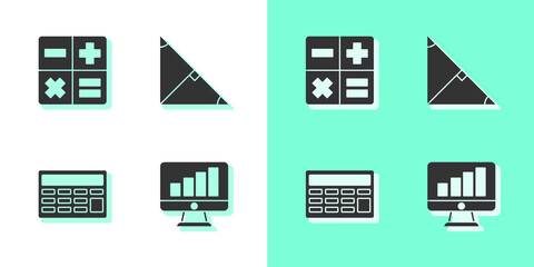 Set Computer monitor with graph chart, Calculator, and Angle bisector of triangle icon. Vector