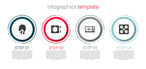 Set Sore throat, Medical symbol of the Emergency, Monitor with cardiogram and Pills in blister pack. Business infographic template. Vector