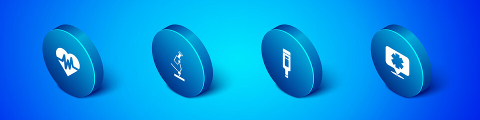 Set Isometric Heart rate, Digital thermometer, Medical symbol of Emergency and Microscope icon. Vector