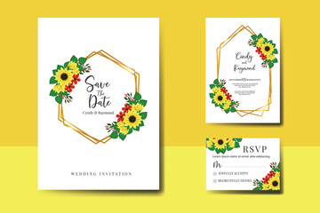 Wedding invitation frame set, digital art hand drawn Watercolor Sunflower design Invitation Card Template