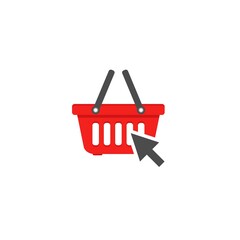 red shopping basket with cursor arrow sign. Simple icon isolated on white background