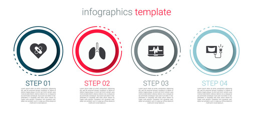 Set Healed broken heart, Lungs, Laptop with cardiogram and Ultrasound. Business infographic template. Vector