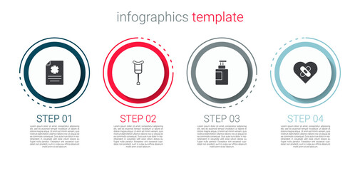 Set Clinical record, Crutch crutches, Hand sanitizer bottle and Healed broken heart. Business infographic template. Vector
