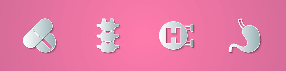 Set paper cut Medicine pill or tablet, Human spine, Hospital signboard and stomach icon. Paper art style. Vector