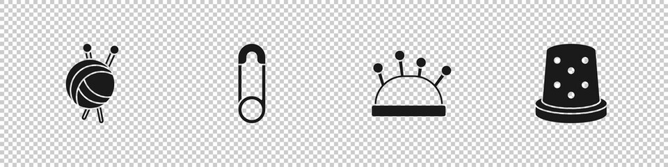 Set Yarn ball with knitting needles, Safety pin, Needle bed and and Thimble for sewing icon. Vector