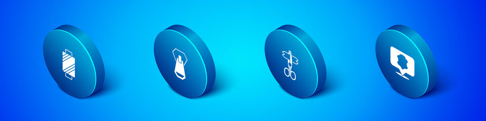 Set Isometric Sewing thread on spool, Scissors, Leather and Zipper icon. Vector