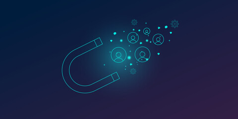 Customer retention, attracting new client, online business development inbound marketing strategy. Glowing neon style illustration on dark background.