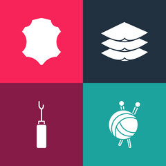 Set pop art Yarn ball with knitting needles, Awl tool, Layers clothing textile and Leather icon. Vector