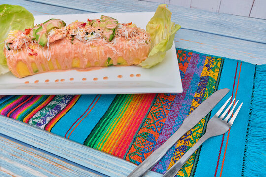 Peruvian Food: Causa Rellena, A smashed popatoes filled with crab meal. Selective focus