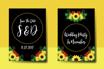 Wedding invitation frame set, digital art hand drawn Watercolor Sunflower design Invitation Card Template