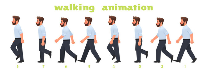 Man character walking animation. Businessman walks, a step by step cycle of pictures. Vector illustration
